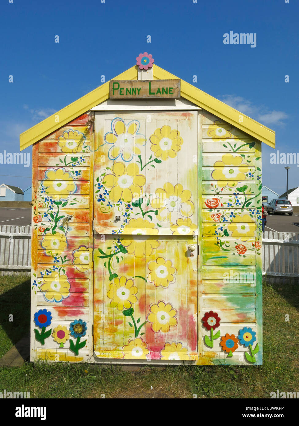 Highly decorated beach hut in Southwold. Stock Photo