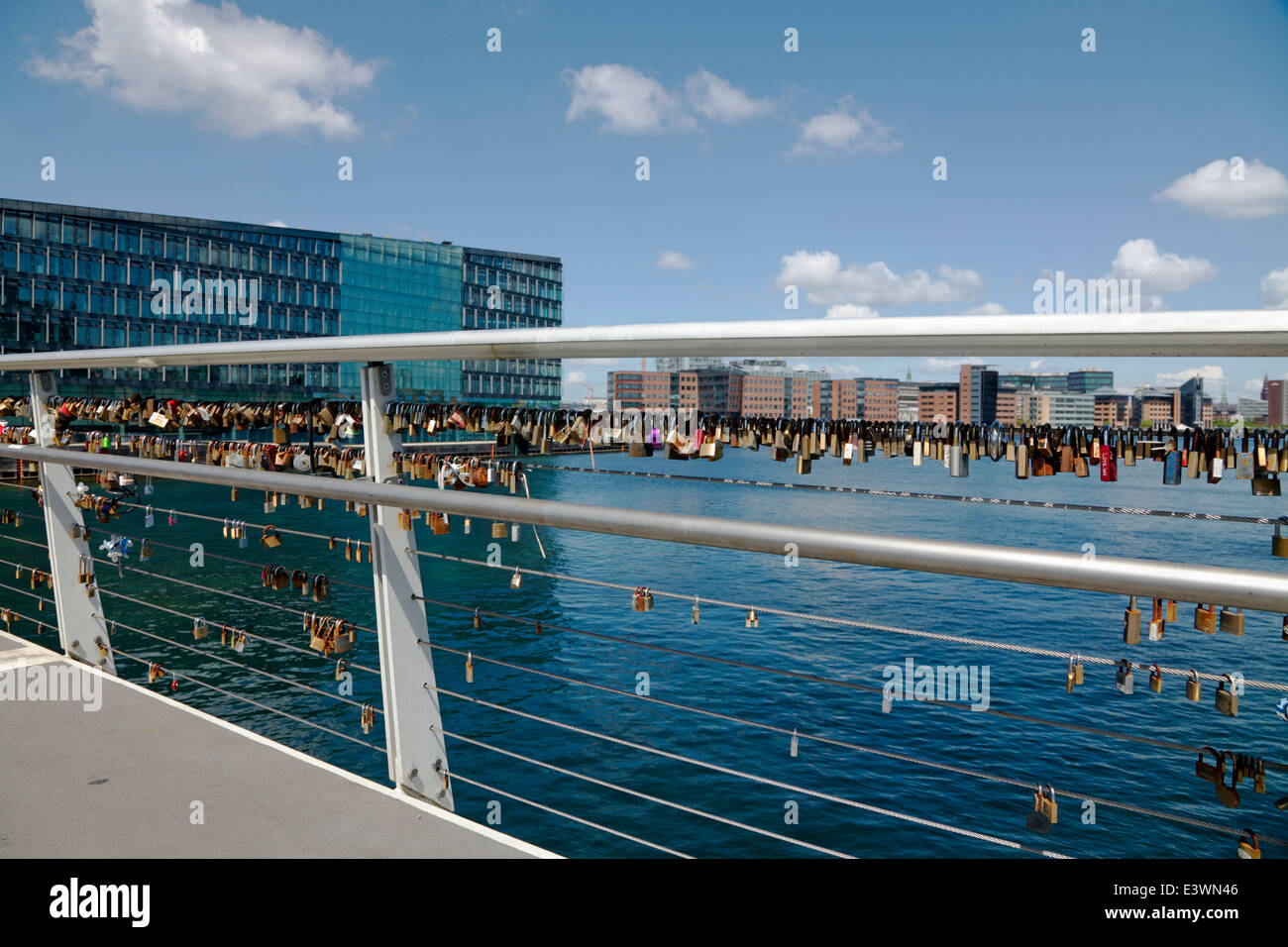 Love locks on the combined bicycle and walkway steel bridge