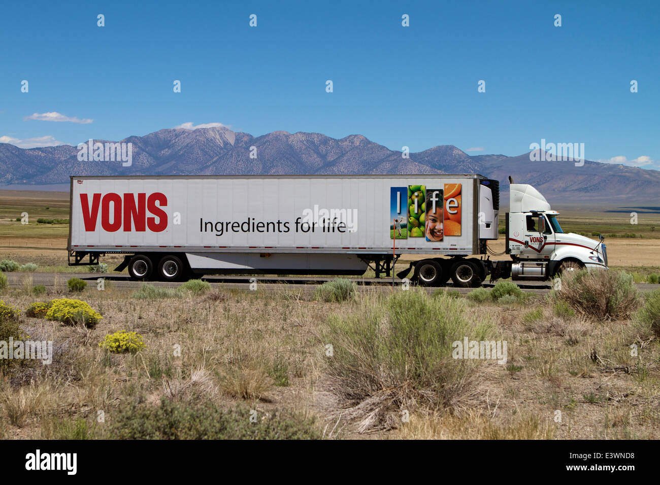 A Vons grocery store delivery truck with the inscription , 'Ingredients for life' on a mountain road in California Stock Photo
