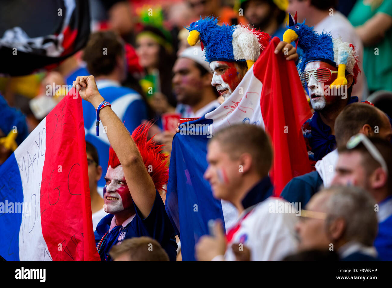 Brasilia, Brazil. France's fans pose before a Round of 16 match between France and Nigeria of 2014 FIFA World Cup at the Estadio Nacional Stadium in Brasilia, Brazil, on June 30, 2014. Credit:  Xinhua/Alamy Live News Stock Photo
