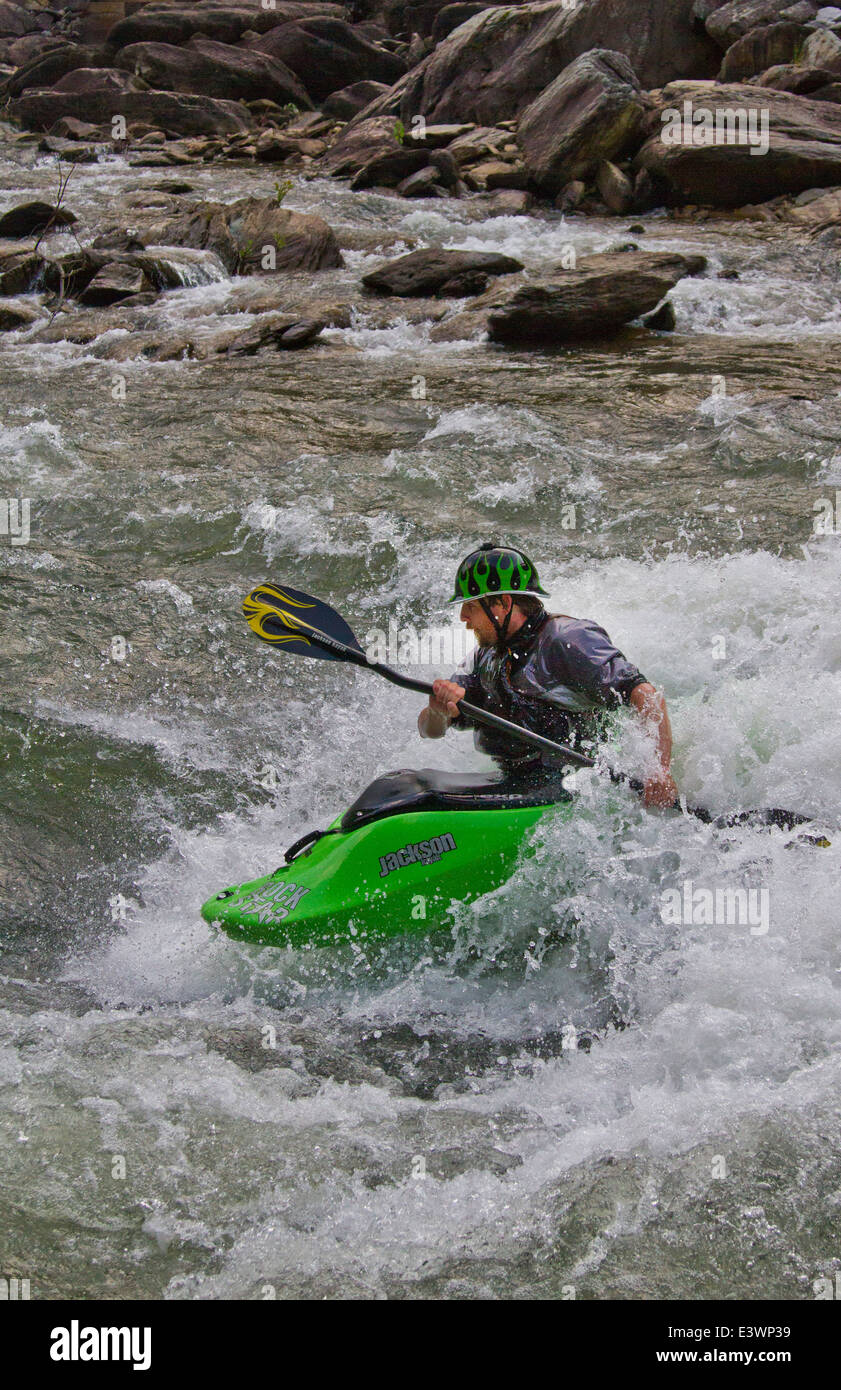 Whitewater kayaker paddling on Ocoee River in Ducktown, Tennessee USA