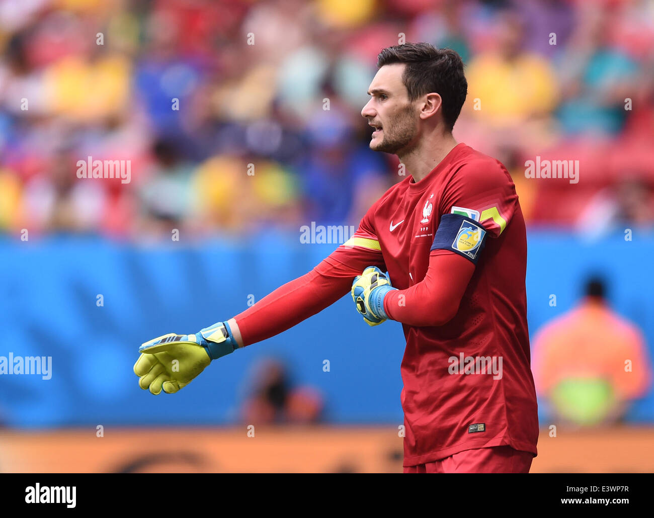 Brasilia, Brazil. 30th June, 2014. Goalkeeper Hugo Lloris of France reacts during the FIFA World Cup 2014 round of 16 match between France and Nigeria at the Estadio National Stadium in Brasilia, Brazil, on 30 June 2014. Credit:  dpa picture alliance/Alamy Live News Stock Photo