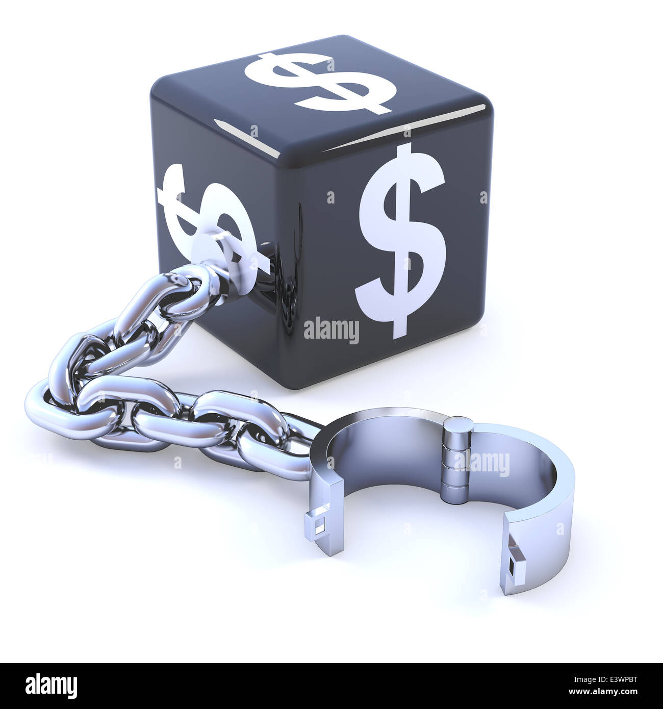 3d US Dollar symbol on black dice attached to a leg iron and shackle