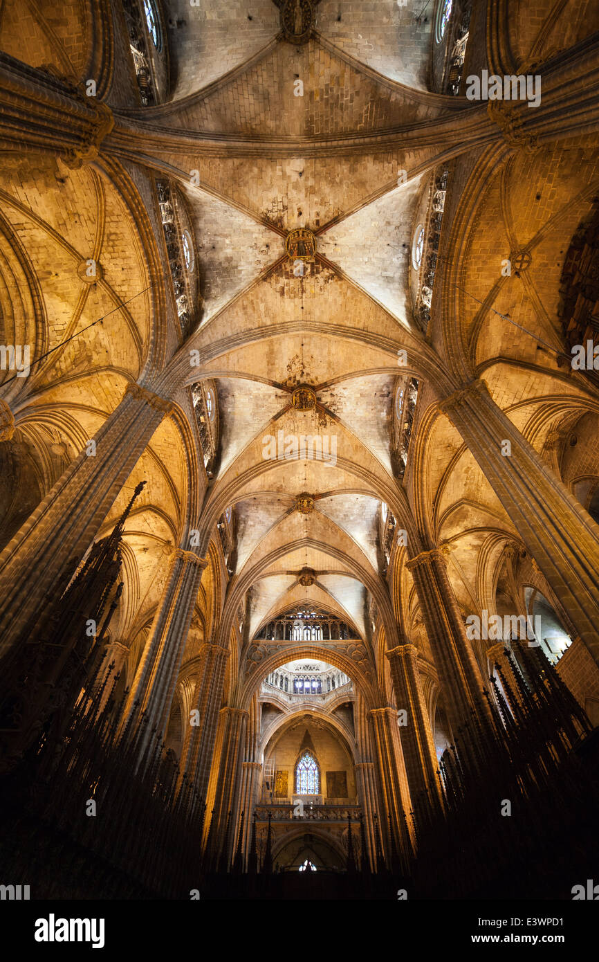 Gothic vaulted ceiling of the Barcelona Cathedral (Cathedral of the Holy Cross and Saint Eulalia) in Catalonia, Spain. Stock Photo