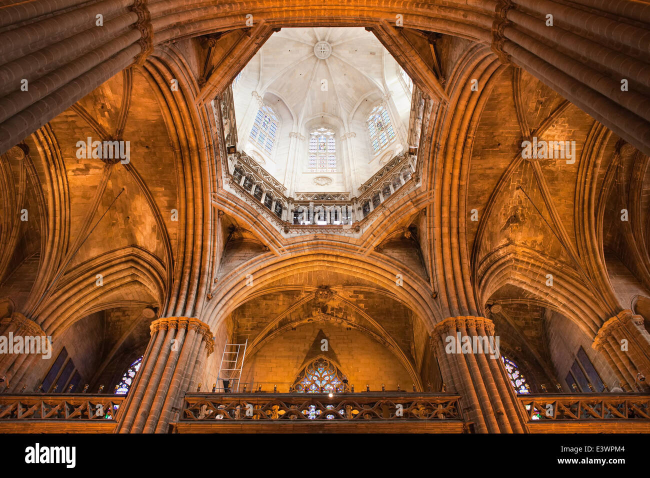 Gothic vaulted ceiling with dome of the Barcelona Cathedral in Catalonia, Spain. Stock Photo