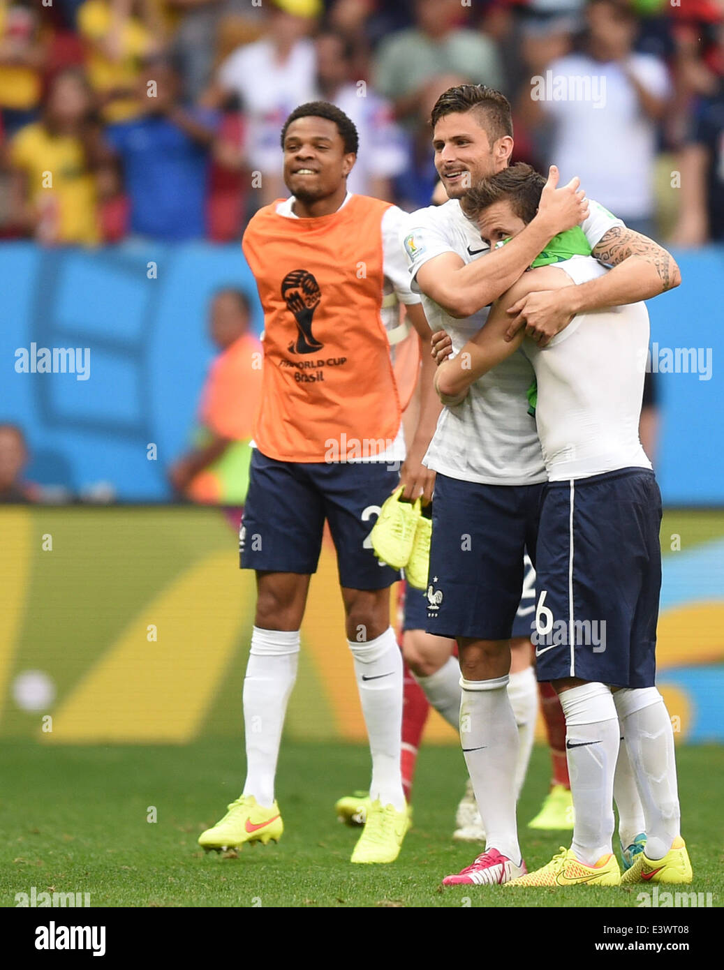 Brasilia, Brazil. 30th June, 2014. Yohan Cabaye (R) and Olivier Giroud (C) of France celebrate after the FIFA World Cup 2014 round of 16 match between France and Nigeria at the Estadio National Stadium in Brasilia, Brazil, on 30 June 2014. Credit:  dpa picture alliance/Alamy Live News Stock Photo