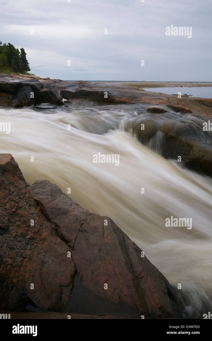 Water filled with forest tannins flowing over rocks down to the St. Lawrence river near Kamouraska, Quebec, Canada. Stock Photo