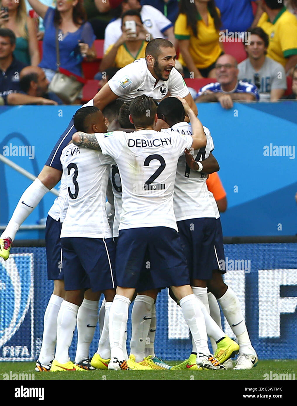 Brasilia, Brazil. 30th June, 2014. France's players celebrate the goal during a Round of 16 match between France and Nigeria of 2014 FIFA World Cup at the Estadio Nacional Stadium in Brasilia, Brazil, on June 30, 2014. Credit:  Liu Bin/Xinhua/Alamy Live News Stock Photo