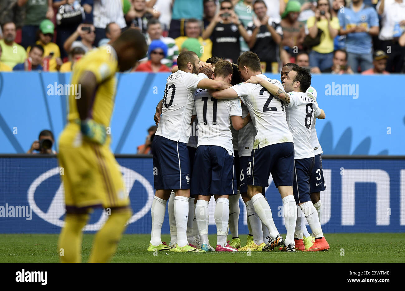 Brasilia, Brazil. 30th June, 2014. France's players celebrate the goal during a Round of 16 match between France and Nigeria of 2014 FIFA World Cup at the Estadio Nacional Stadium in Brasilia, Brazil, on June 30, 2014. Credit:  Qi Heng/Xinhua/Alamy Live News Stock Photo