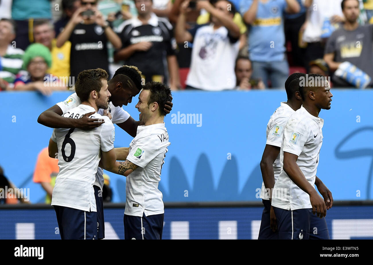 Brasilia, Brazil. 30th June, 2014. France's players celebrate the goal during a Round of 16 match between France and Nigeria of 2014 FIFA World Cup at the Estadio Nacional Stadium in Brasilia, Brazil, on June 30, 2014. Credit:  Qi Heng/Xinhua/Alamy Live News Stock Photo