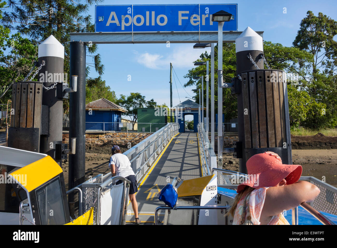 Brisbane Australia,Bulimba,Brisbane River,Apollo Ferry Terminal,ferry,boat,CityCat,TransLink,Trans Link,QueenslandFerries,Ferries,passenger passengers Stock Photo