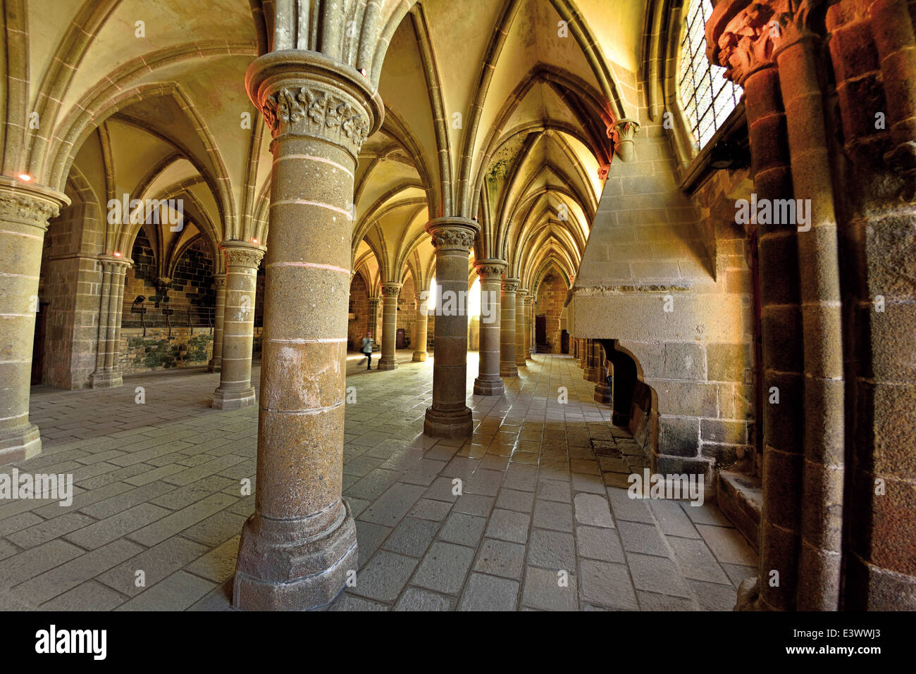 France, Normandy: Knights Hall 'Salle des Chevaliers' in the Abbey St. Michel of Le Mont Saint Michel Stock Photo