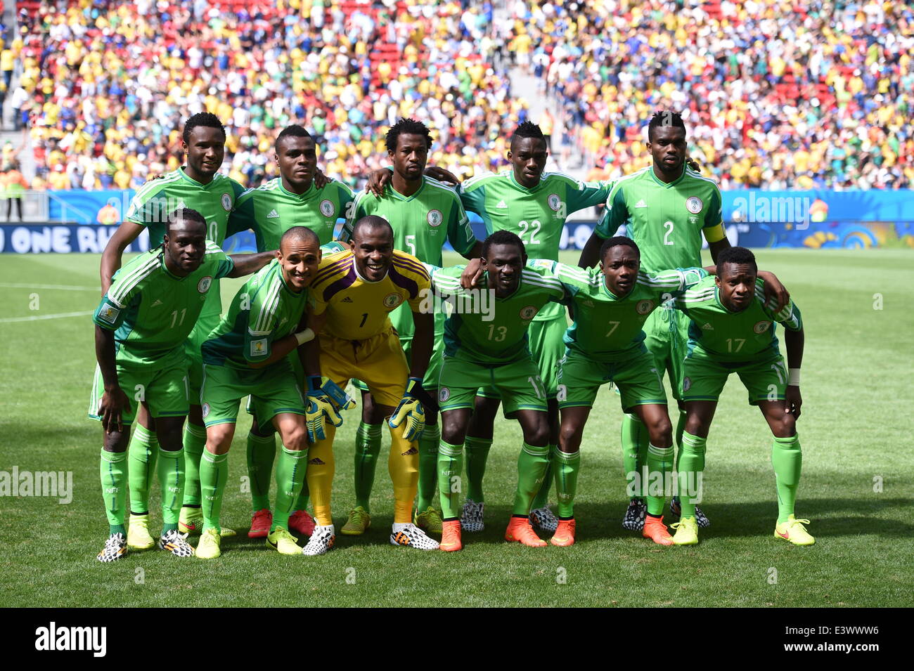 Brasilia, Brazil. 30th June, 2014. (back L-R) John Obi Mikel, Emmanuel Emenike, Efe Ambrose, Kenneth Omeruo, Joseph Yobo (front L-R) Victor Moses, Peter Odemwingie, goalkeeper Vincent Enyeama, Juwon Oshaniwa, Ahmed Musa, Ogenyi Onazi of Nigeria pose for a team photo during the FIFA World Cup 2014 round of 16 match between France and Nigeria at the Estadio National Stadium in Brasilia, Brazil, on 30 June 2014. Credit:  dpa picture alliance/Alamy Live News Stock Photo