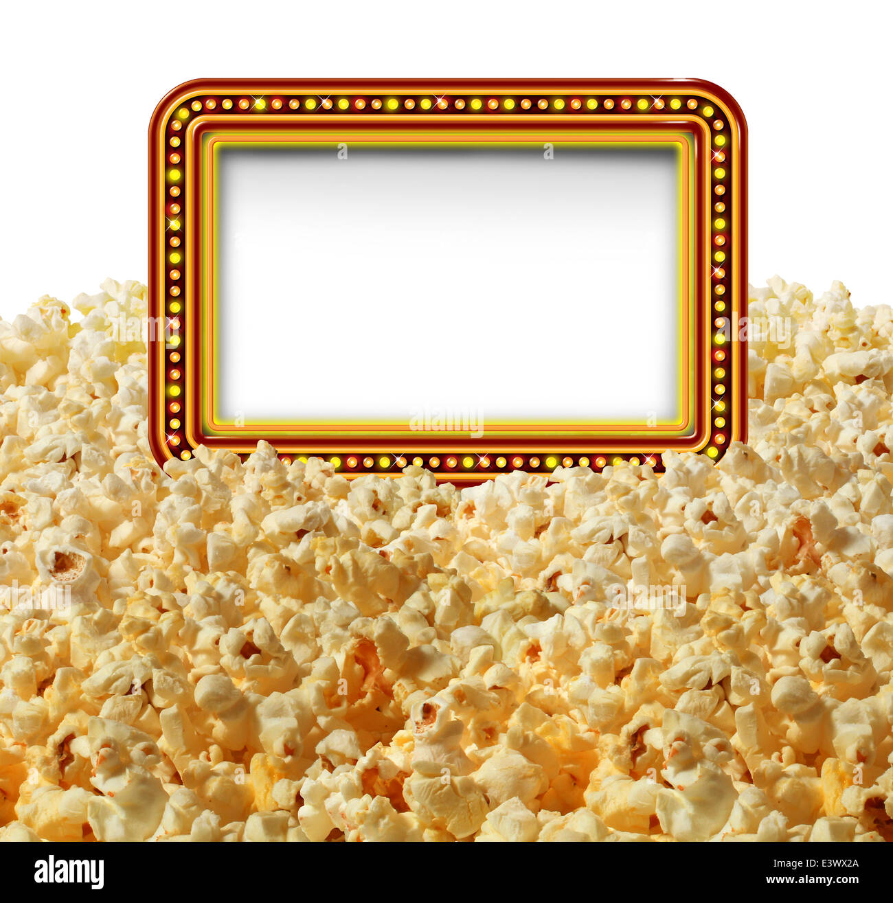 Cinema popcorn with a blank movie marquee sign as an entertainment communication symbol for TV shows or theater performances isolated on a white background. Stock Photo