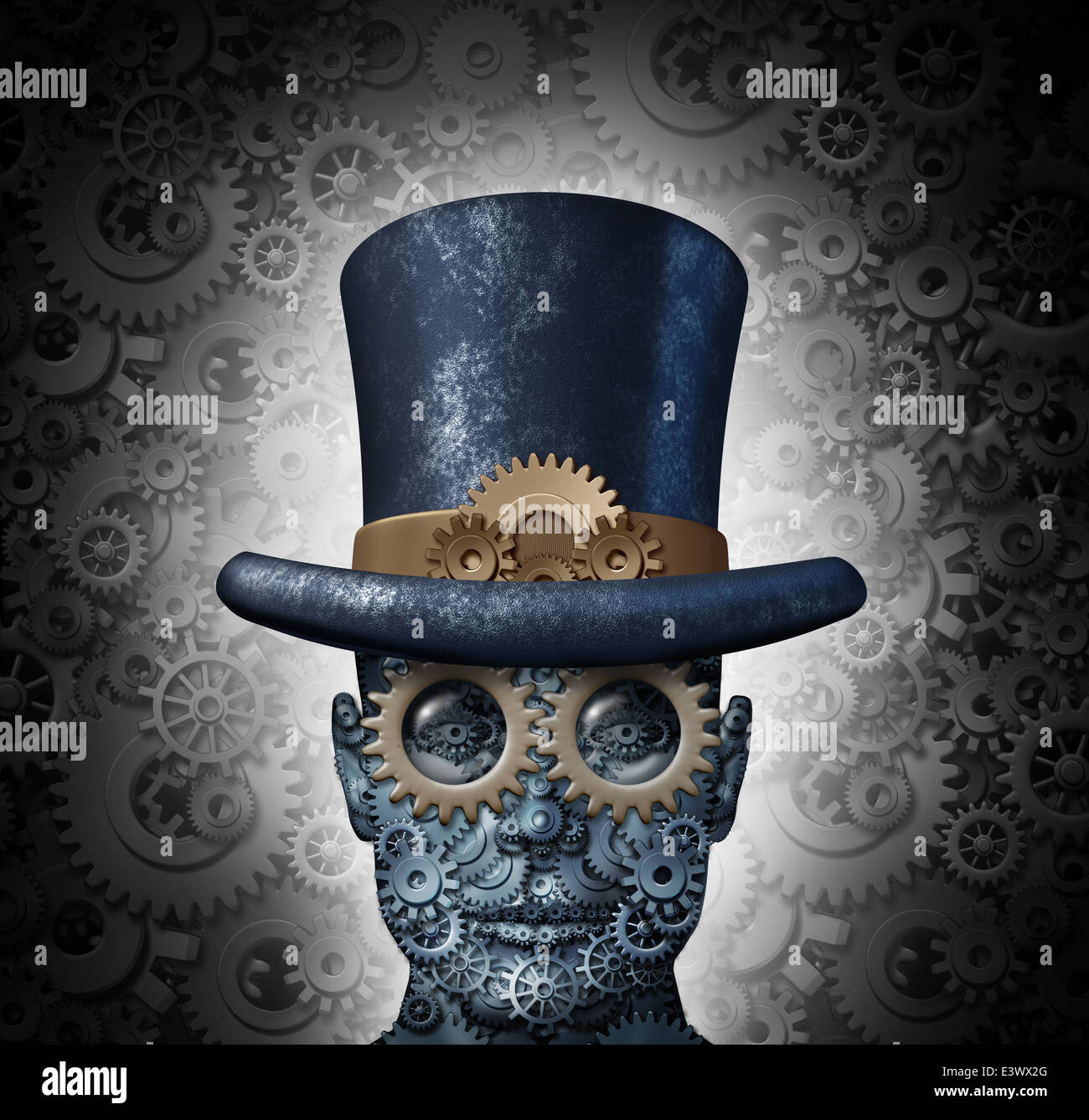 Steampunk science fiction concept as a fantasy mechanical human head made of gears and cogs wearing a historical victorian retro top hat as a technology symbol of futuristic fictional machine hybrid. Stock Photo