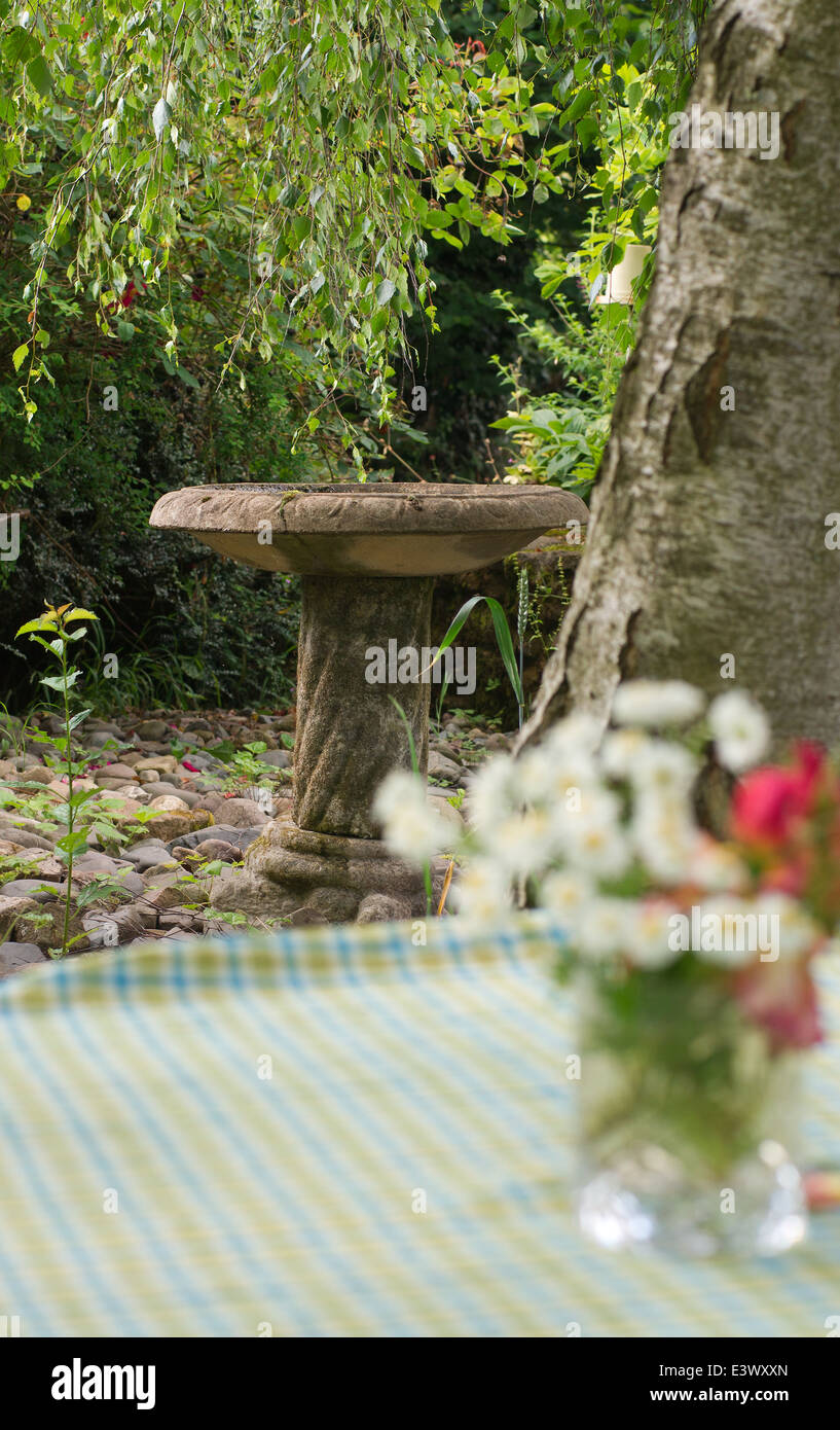 A bird bath at Heartfelt Garden, Brook Farm. Stock Photo