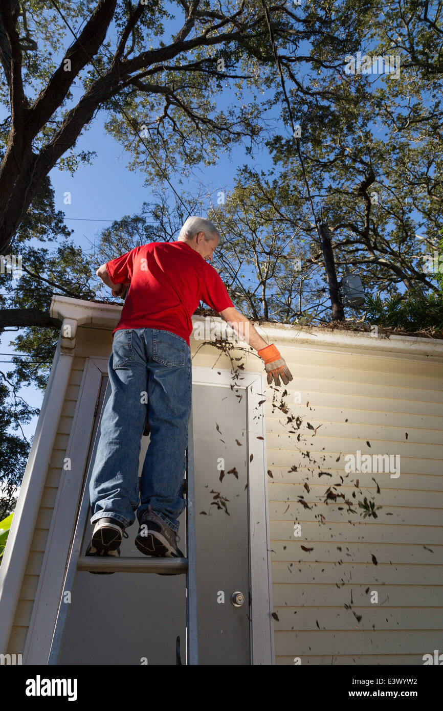Mature Man Cleaning House Gutters, USA Stock Photo