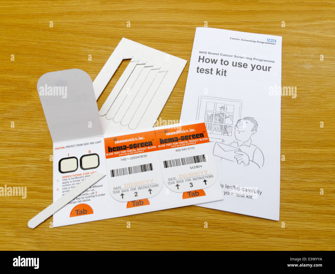 Slide test for faecal occult blood mass screening for bowel cancer in UK. Operated by
