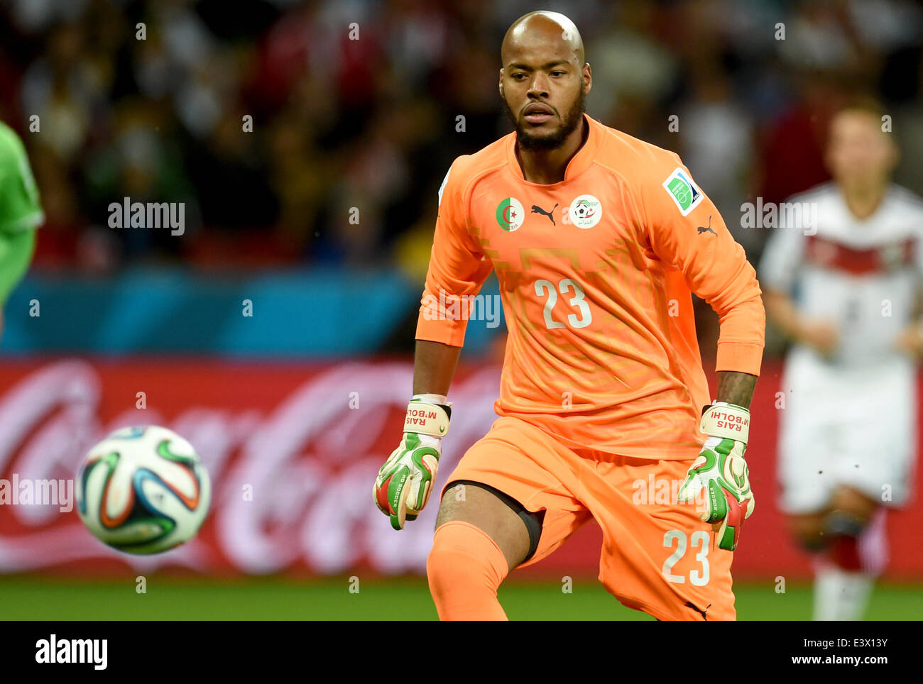 Porto Alegre, Brazil. 30th June, 2014. Goalkeeper Rais Mbolhi of Algeria in action during the FIFA World Cup 2014 round of 16 soccer match between Germany and Algeria at the Estadio Beira-Rio in Porto Alegre, Brazil, 30 June 2014. Photo: Andreas Gebert/dpa/Alamy Live News Stock Photo
