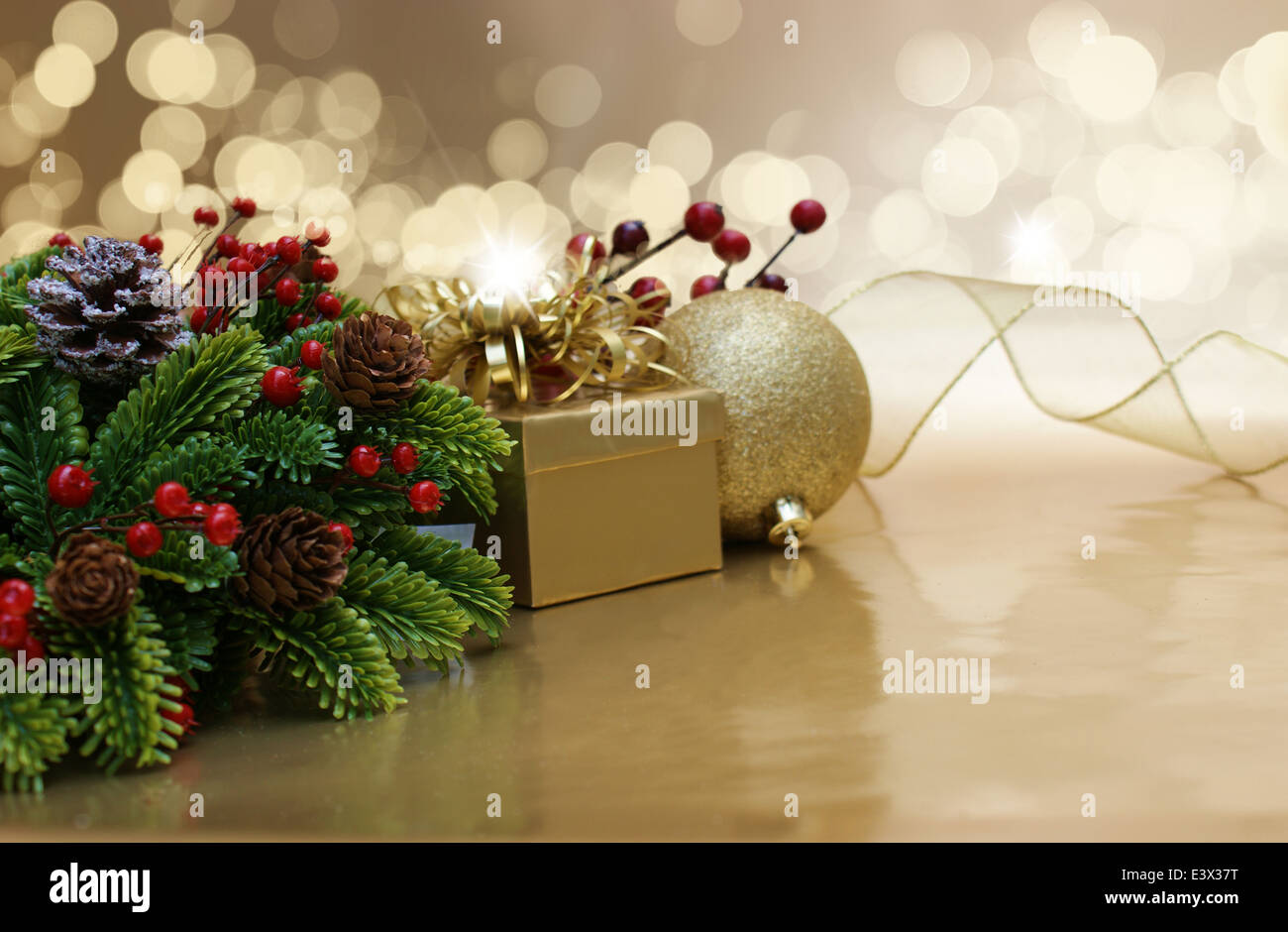 Christmas background with gift and baubles Stock Photo