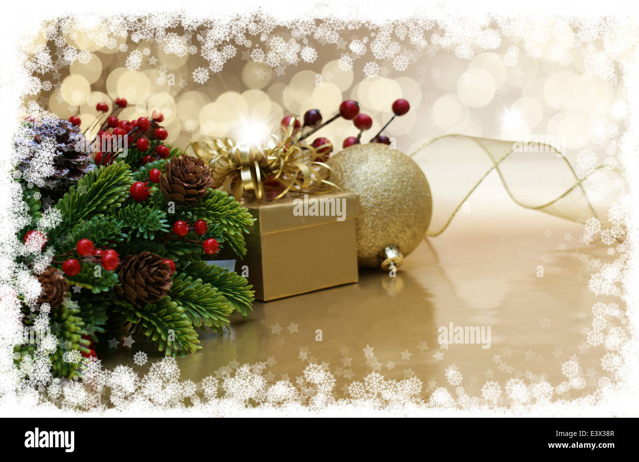 Christmas background with gift, baubles and snowflake border Stock Photo
