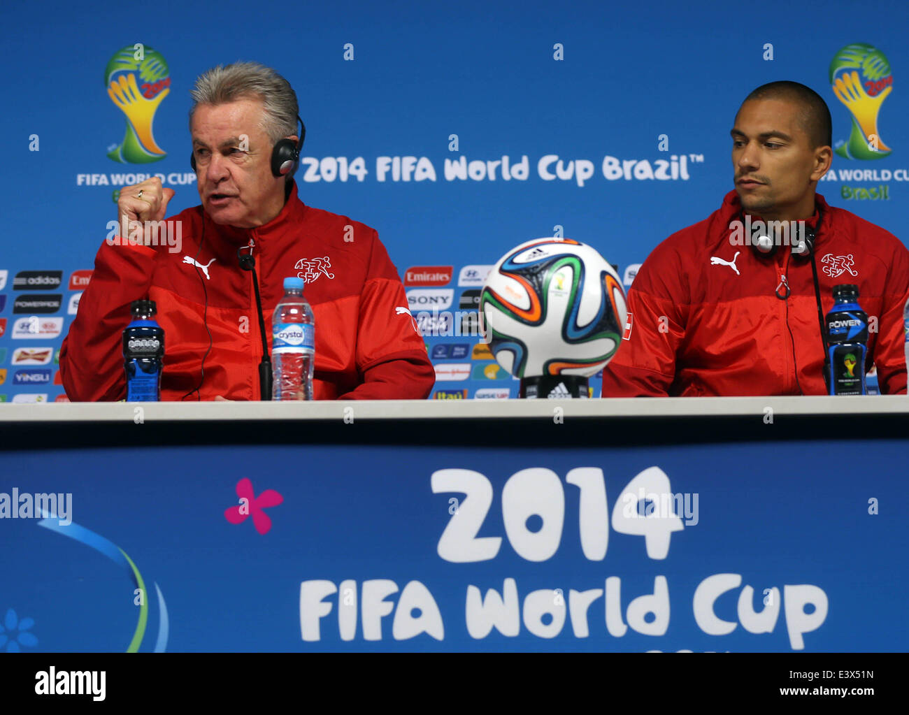 Sao Paulo, Brazil. 30th June, 2014. Switzerland's Ottmar Hitzfeld (L) attends a press conference in Sao Paulo, Brazil, on June 30, 2014. Switzerland will face Argentina here in a Round of 16 match of 2014 FIFA World Cup on Tuesday. © TELAM/Xinhua/Alamy Live News Stock Photo