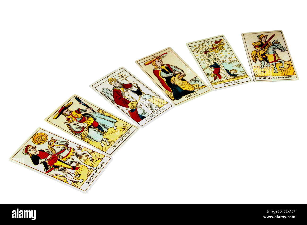 spread of six fortune telling tarot cards Stock Photo