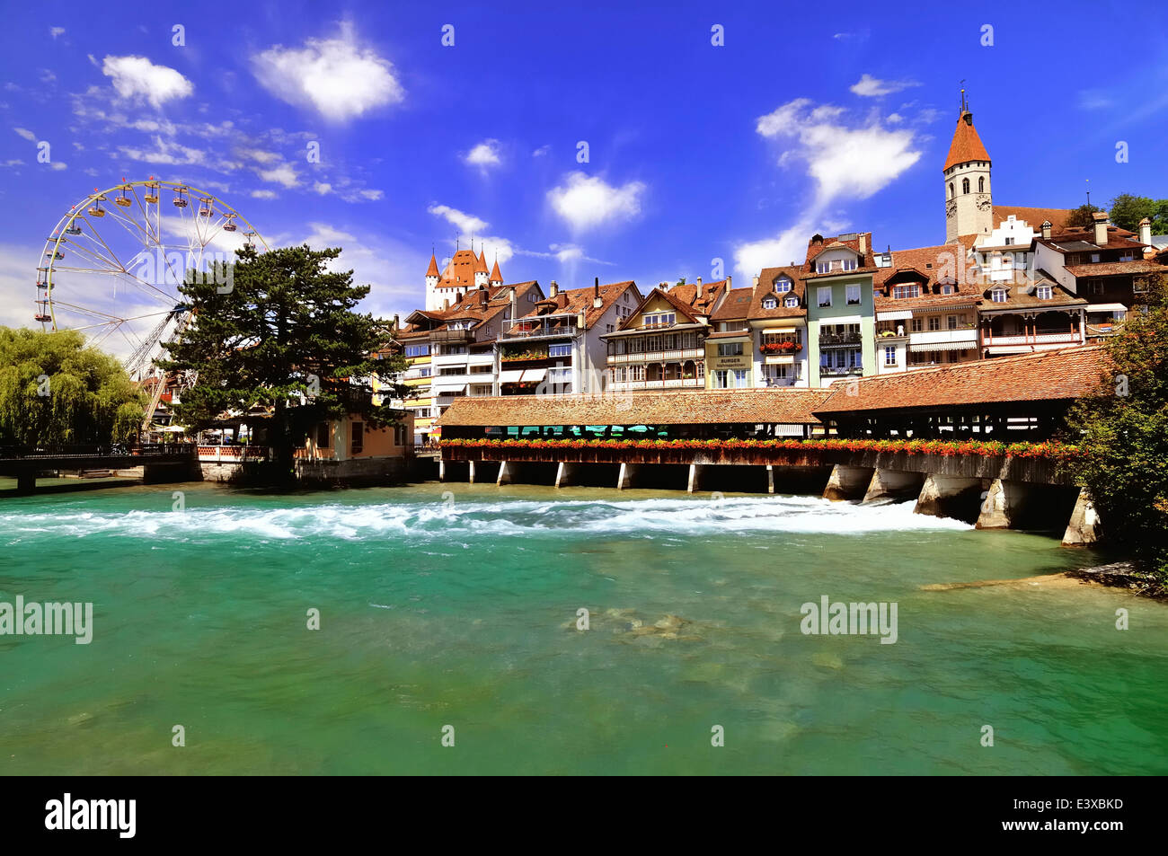 Historic centre of Thun with a Ferris wheel, lower lock of the Aare River, Thun, Canton of Bern, Switzerland Stock Photo