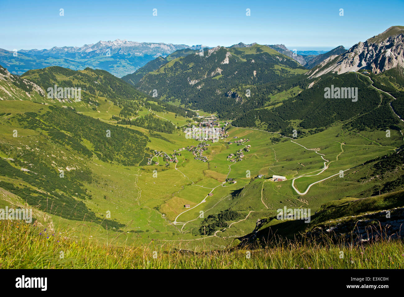 High mountain valley of Malbun, Alpstein massif at the back, Principality of Liechtenstein Stock Photo