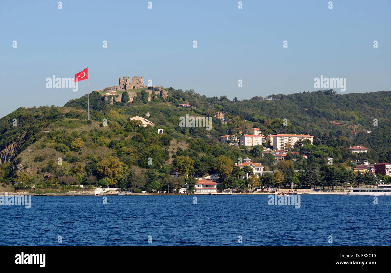 View from the Bosphorus to the ruins of Yoros, Genoese fortress of Yoros Kalesi, Bosphorus, Anadolu Kavagi, Istanbul, Asian side Stock Photo