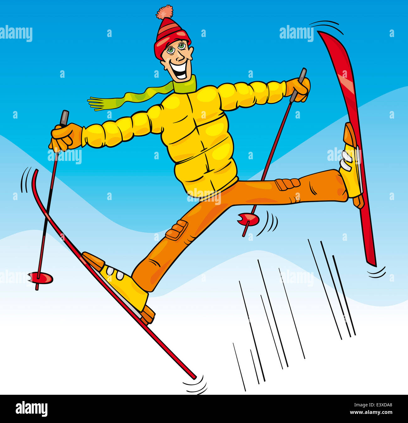 Cartoon Illustrations of Funny Man Jumping on Ski Stock Photo - Alamy