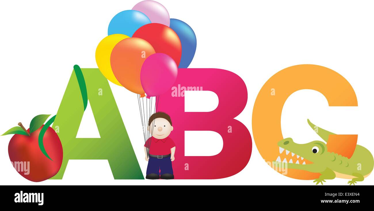 The letters abc made up from alphabet cartoon letters with matching animals and objects Stock Vector