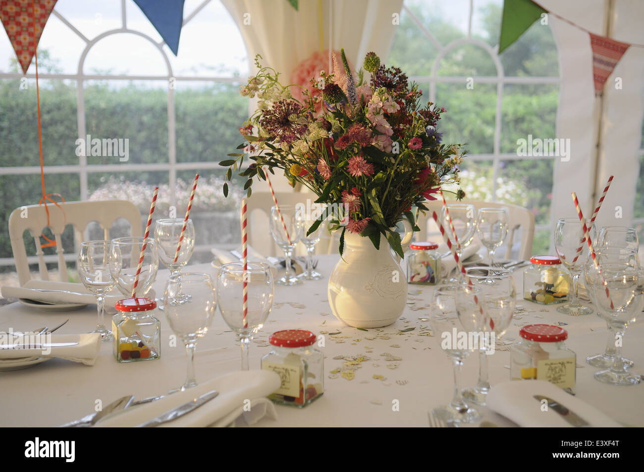 Place Settings For Wedding Reception In A Marquee Stock Photo