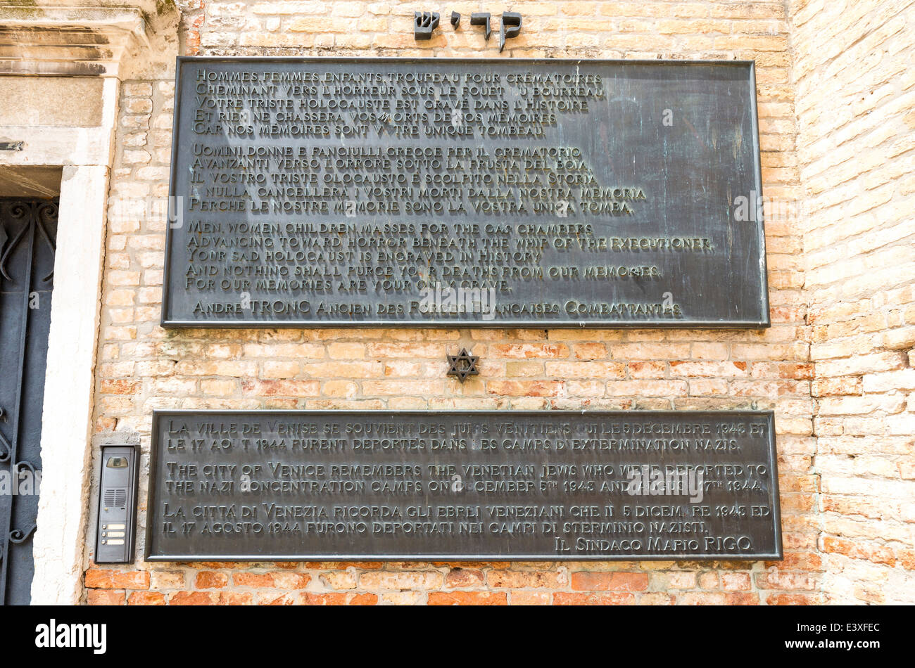Plaques commemorating the Holocaust on a wall in The Ghetto, Venice
