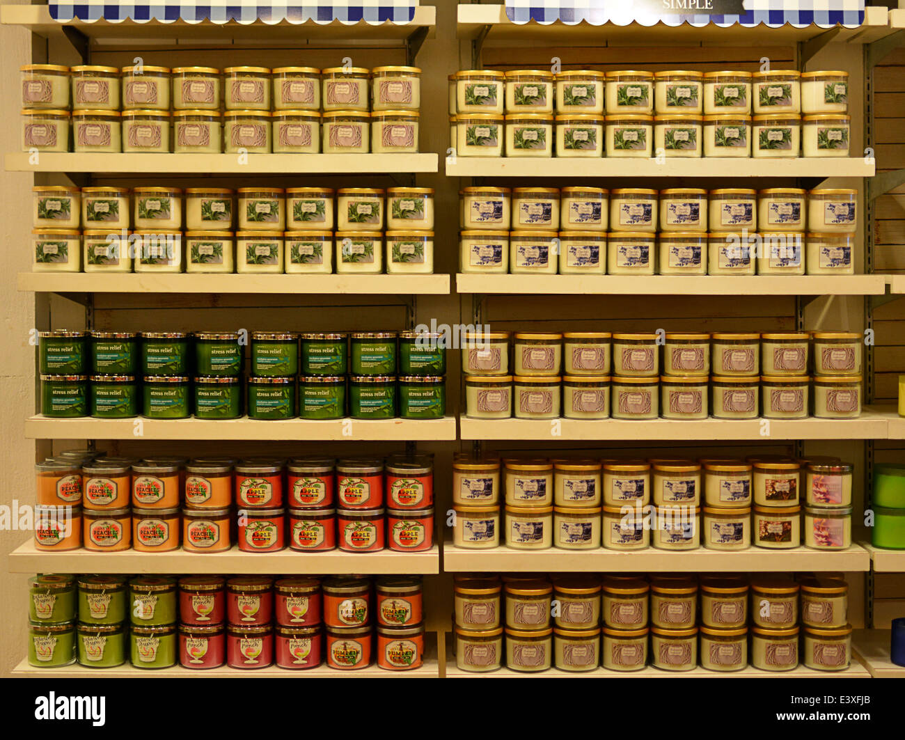 Scented candles for sale at a Bath & Body Works store on Austin Street in Forest Hills, Queens, New York City Stock Photo