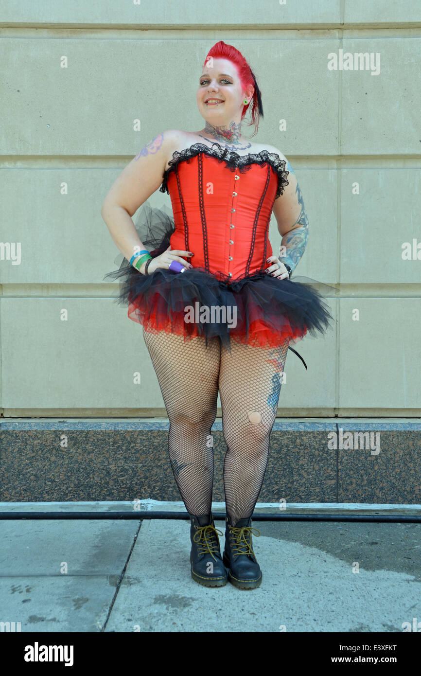 Portrait of a woman in an unusual outfit on the way to the Gay Pride Parade in New York City Stock Photo