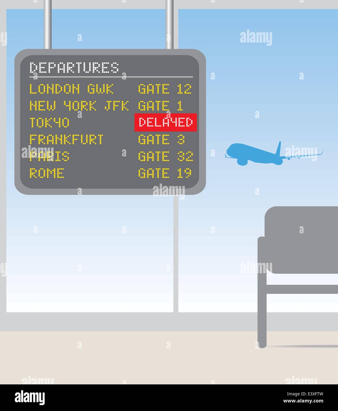 delayed flights board at departures at the airport Stock Vector