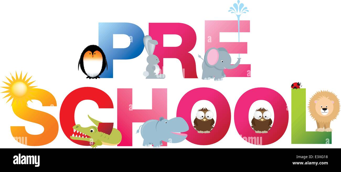 The word pre-school made up from alphabet cartoon letters with matching