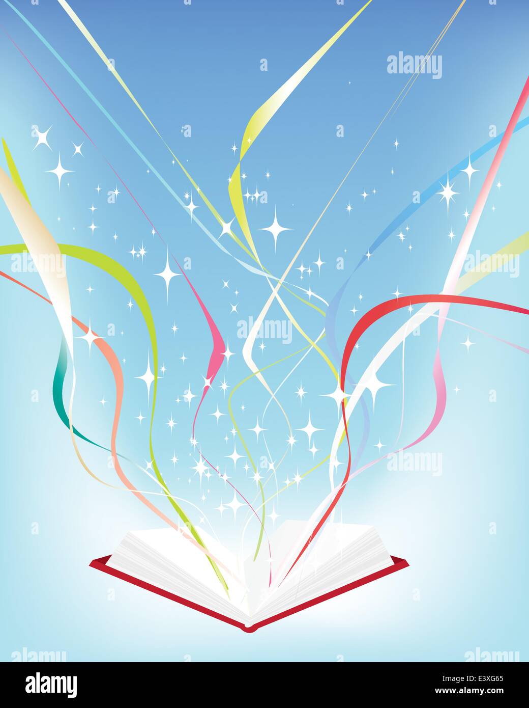 Vector illustration of an open book with a light source and stars and streamers Stock Vector