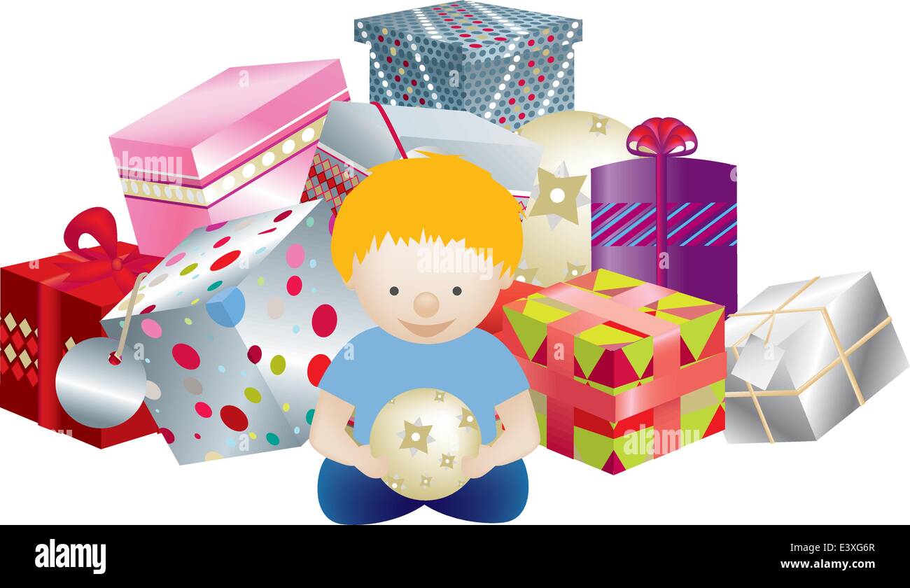 detailed vector of a blittle boy with a pile of gifts Stock Vector