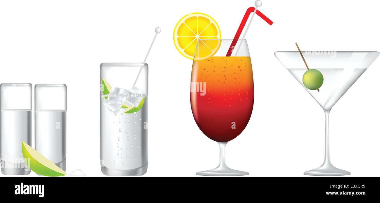 cocktails, gin and tonic, tequila sunrise, martini and tequila shot