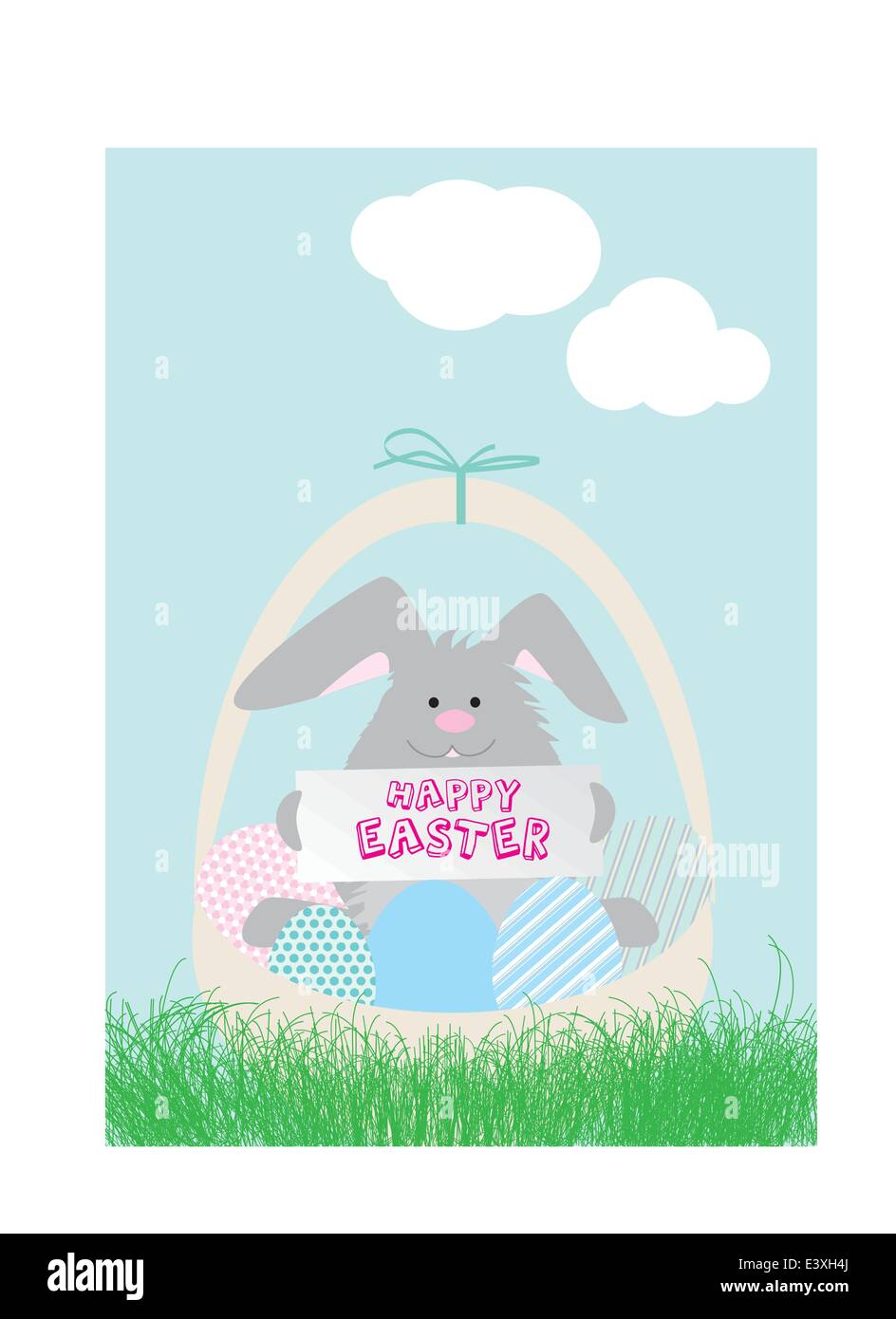 A modern vector llustration of an easter bunny in a basket of eggs ...