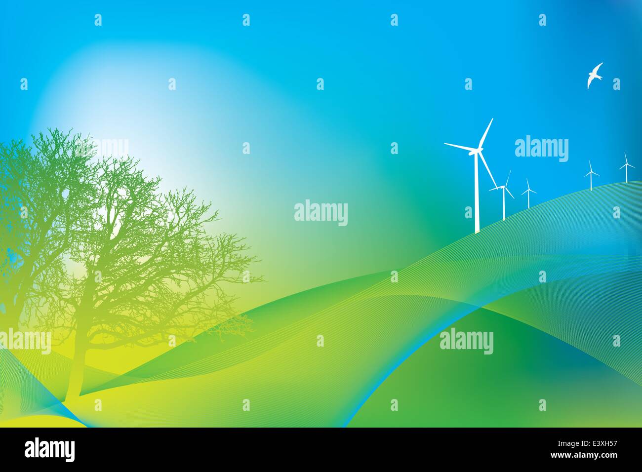 Illustration of  3 wind turbines and oak tree in eco design Stock Vector