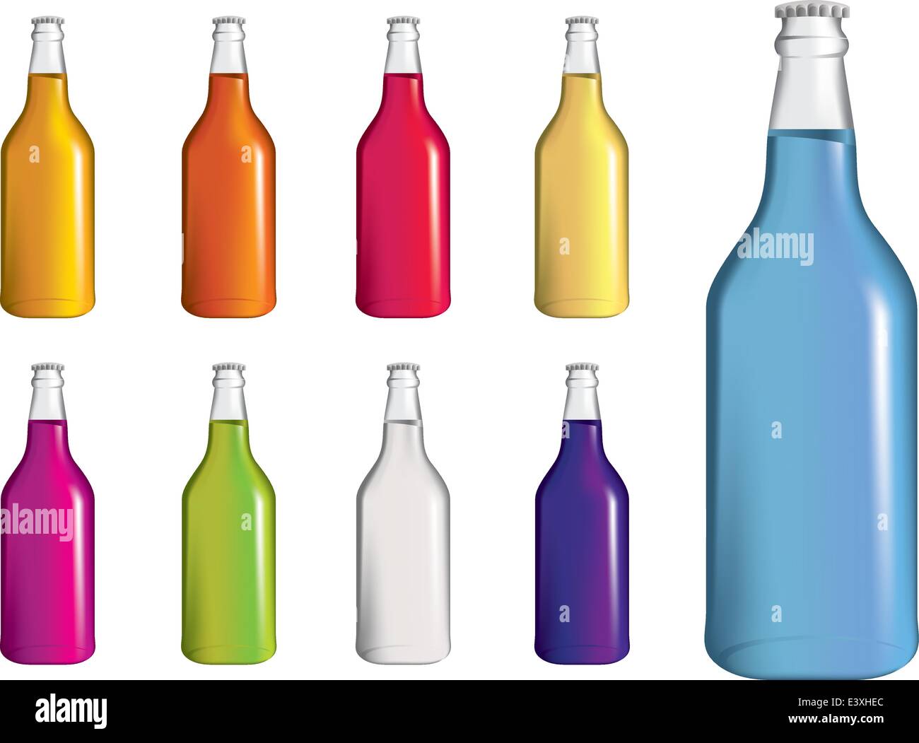 selection of brightly coloured fizzy or soda bottles on white background Stock Vector