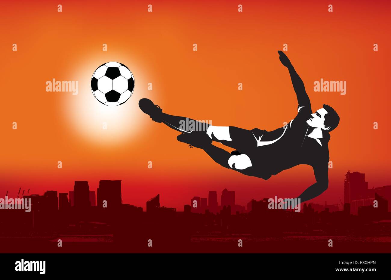 grunge style football illustration of flying kick above city Stock Vector