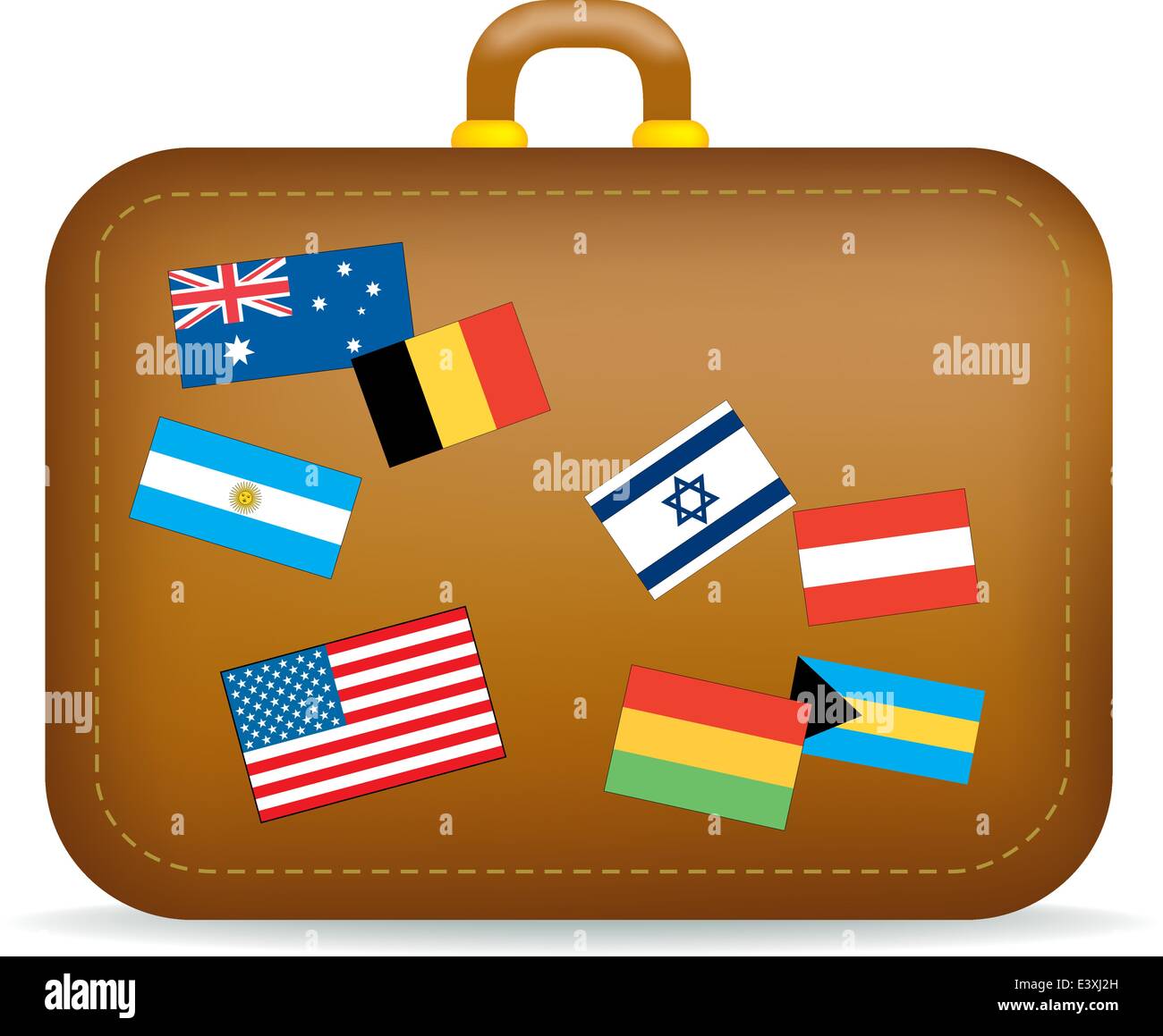 Vector illustration of a brown suitcase covered in travel stickers, flags. Stock Vector