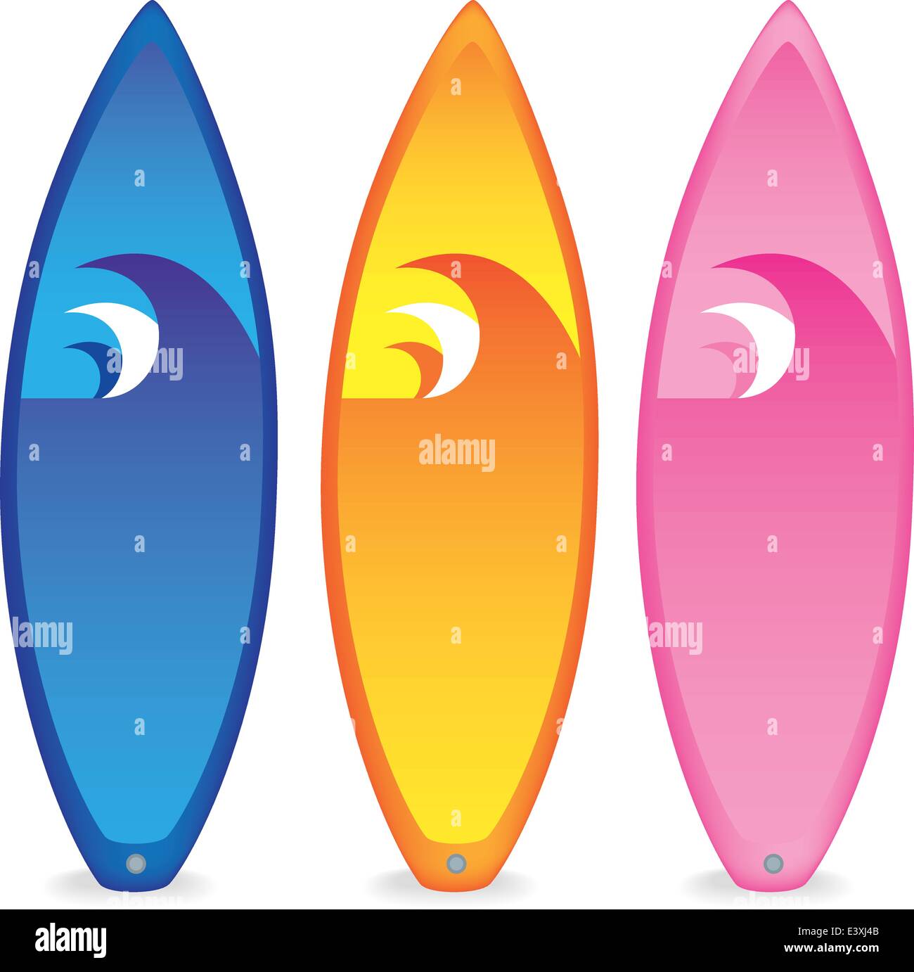 set of 3 different coloured surfboards on white background Stock Vector