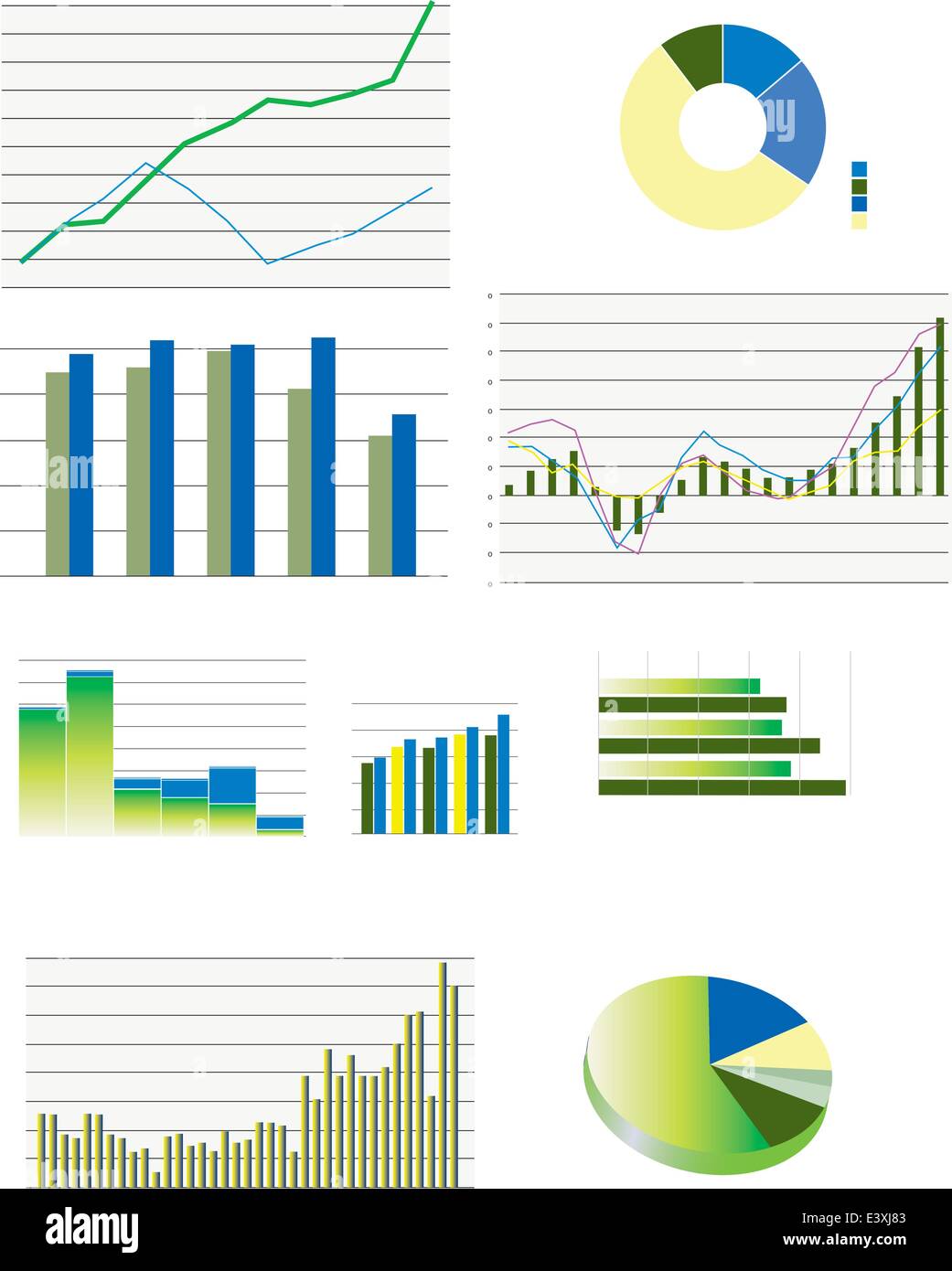 Pie charts, bar and line business graphs showing performance and sales Stock Vector