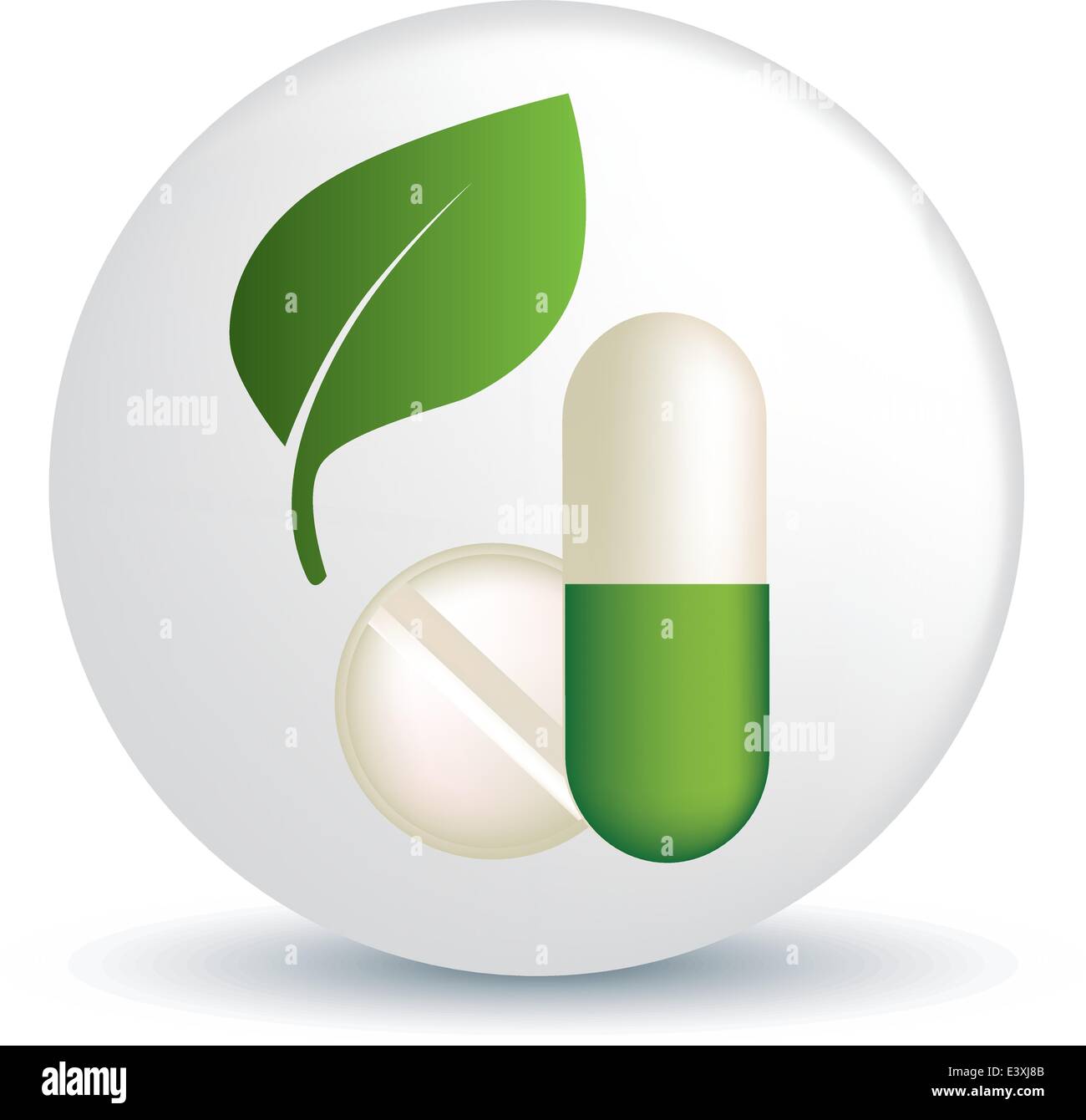 symbol of green leaf and tablet or capsule representing green and natural medicine Stock Vector