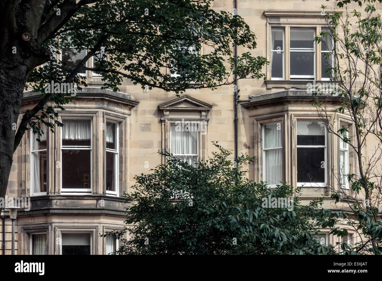 Trees in front of the exterior of a typical house in Edinburgh